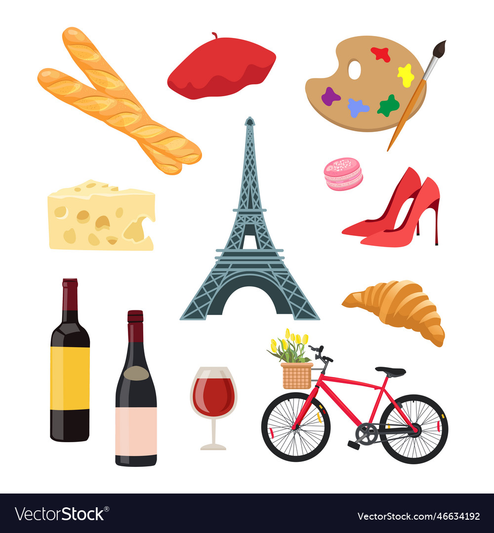 Symbols of french culture cartoon set Royalty Free Vector