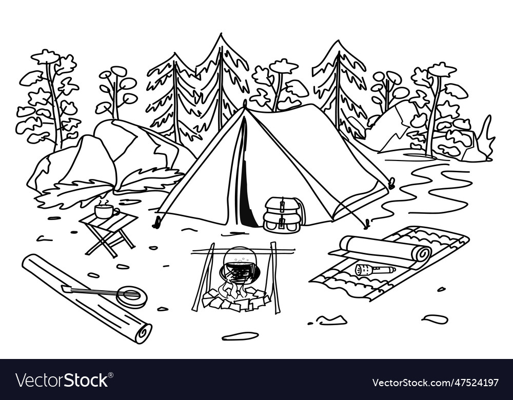 Camping in the woods tent Royalty Free Vector Image