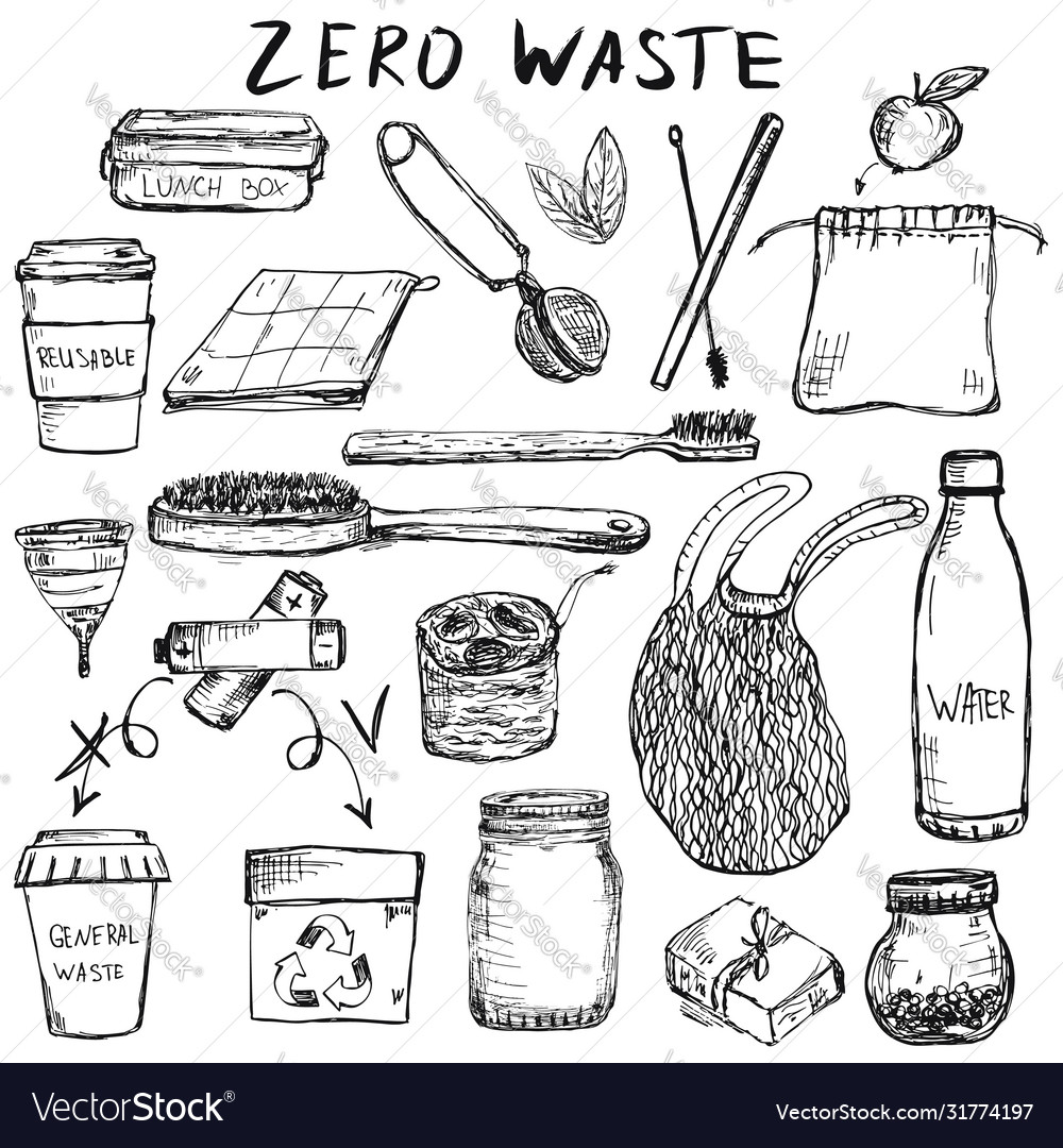 Hand drawn reusable and recycable items like