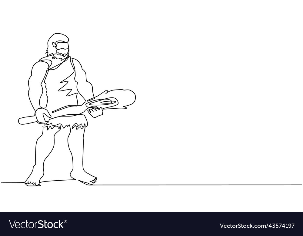 Single one line drawing caveman holding big