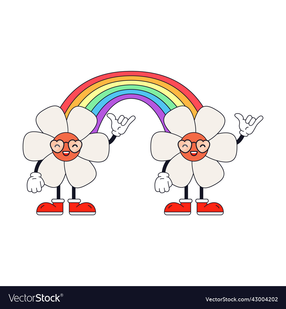 Cheerful rainbow character with daisy flowers