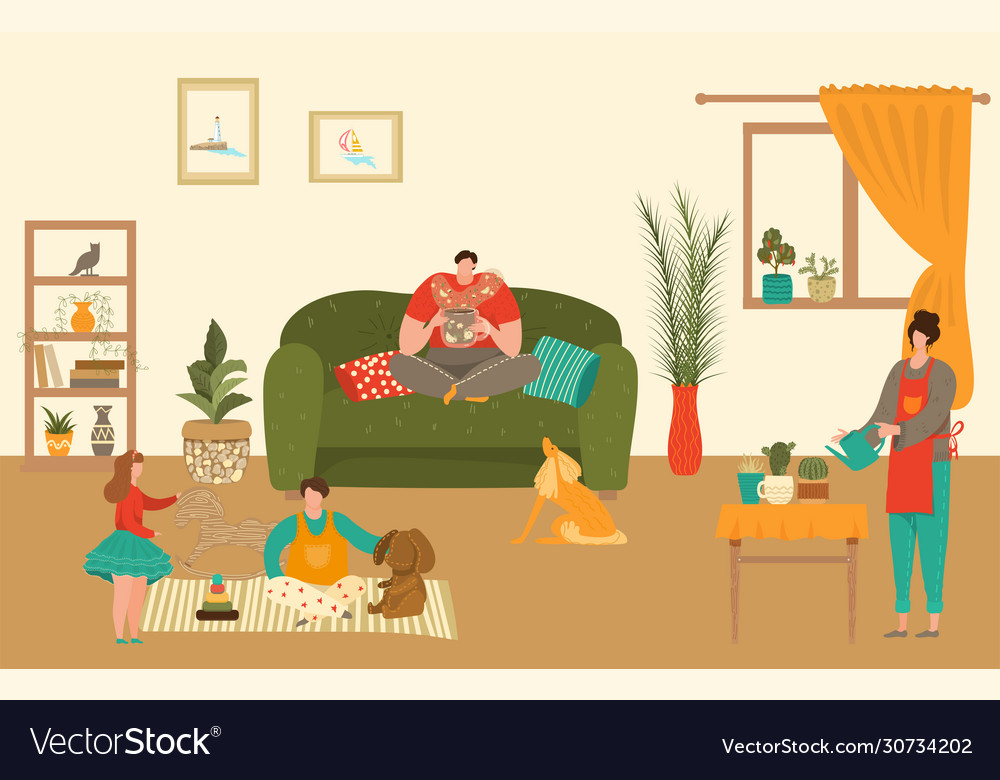 Family characters at home with kids spending time