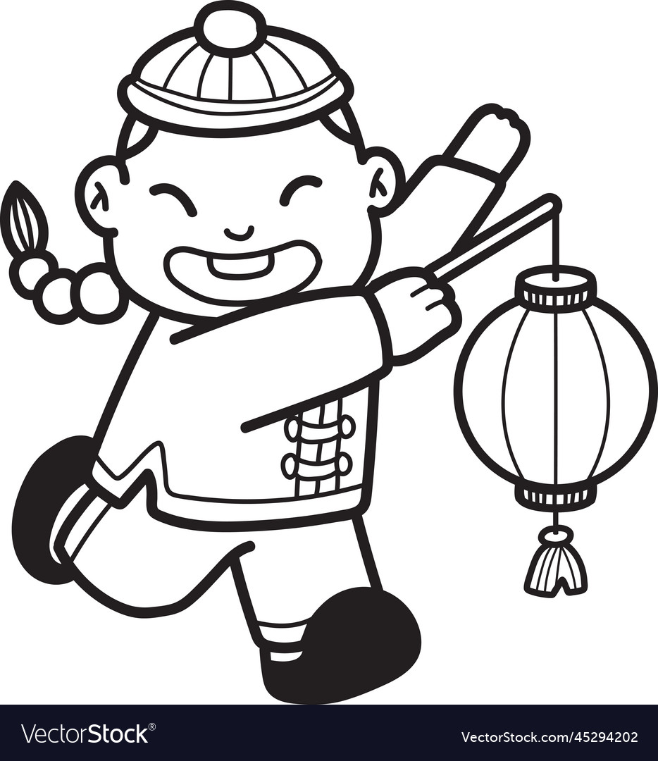 Hand drawn chinese boy with lantern Royalty Free Vector