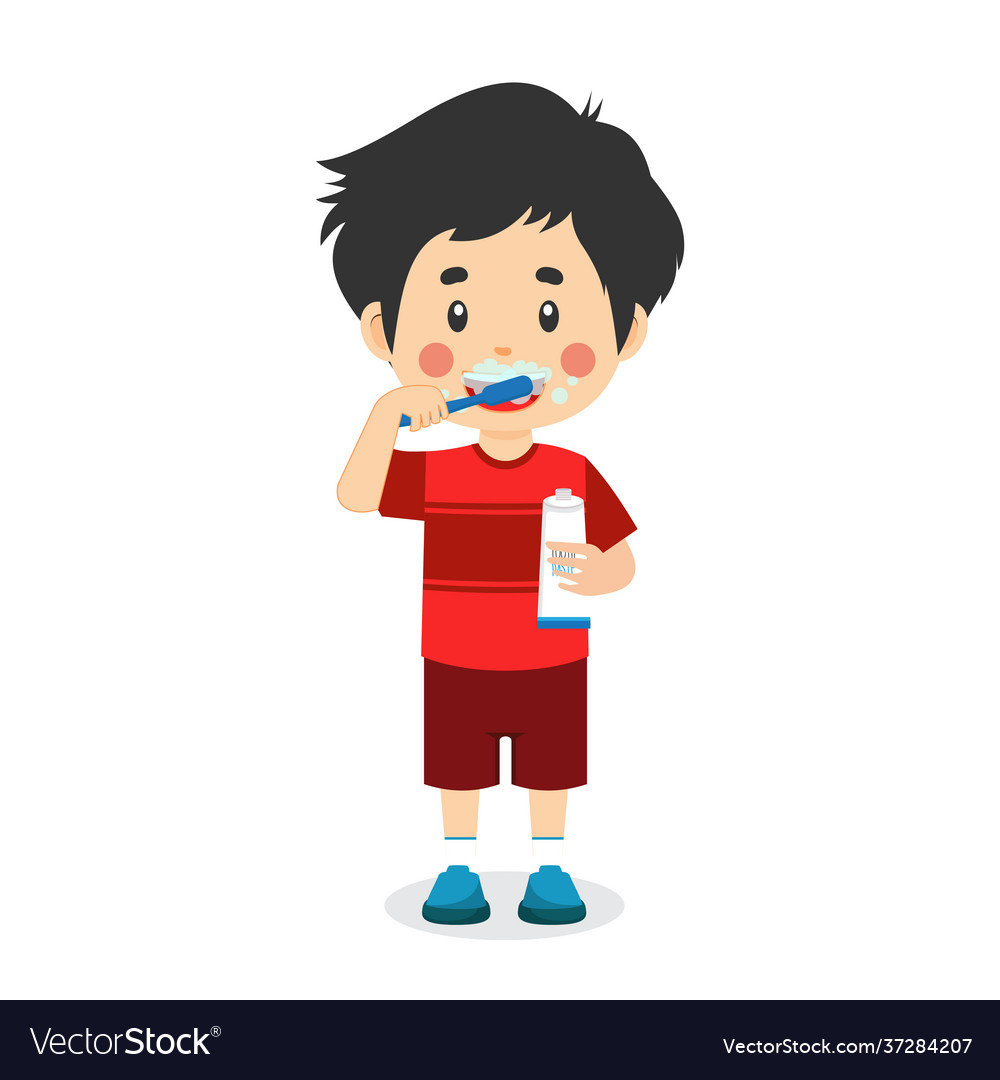 Cute little boy brushing teeth holding toothpaste Vector Image