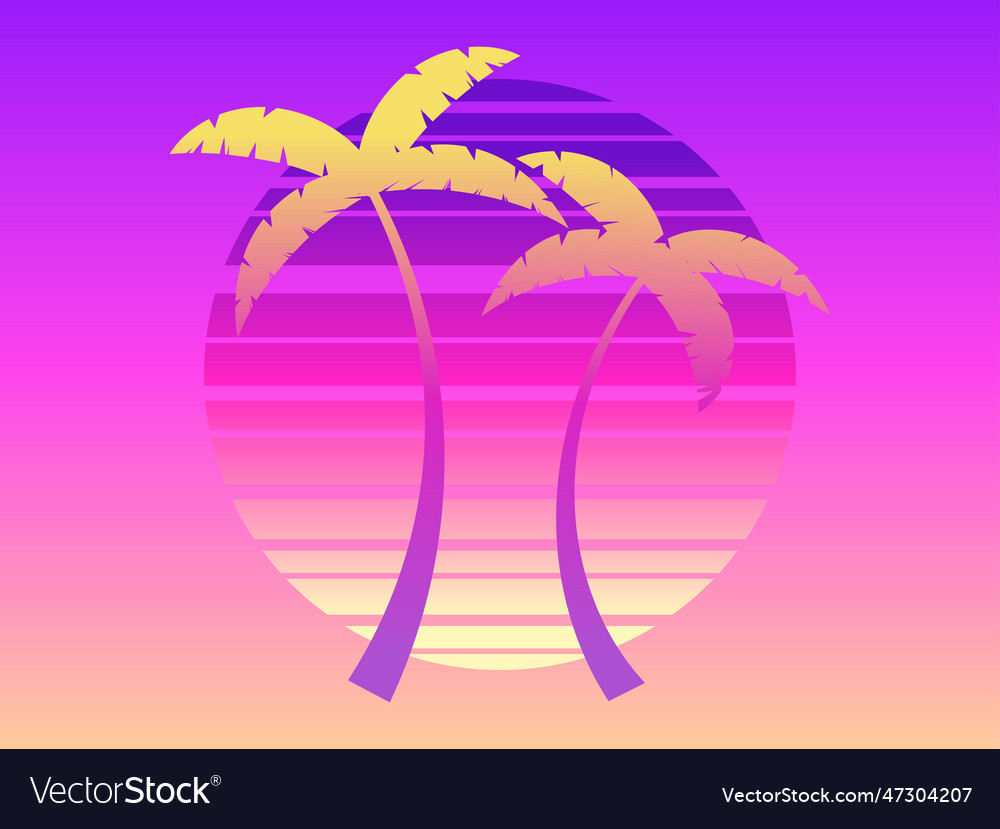 Two palm trees on a sunset 80s retro sci-fi style Vector Image