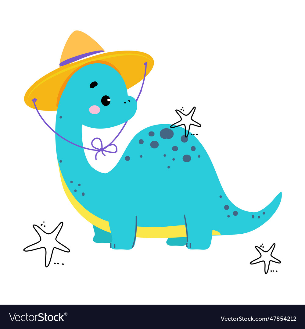 Cute baby dino character in straw hat enjoy summer