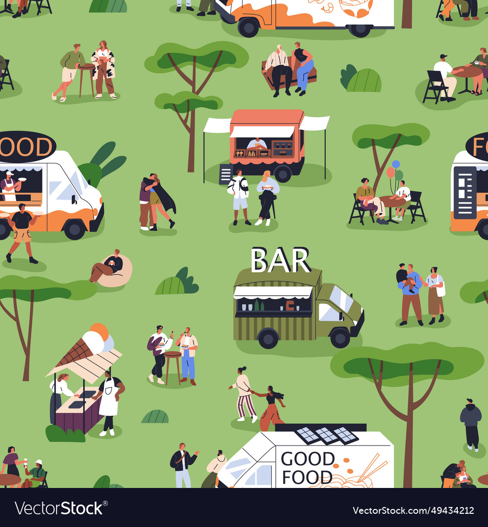 Open-air festival in park with street food trucks Vector Image