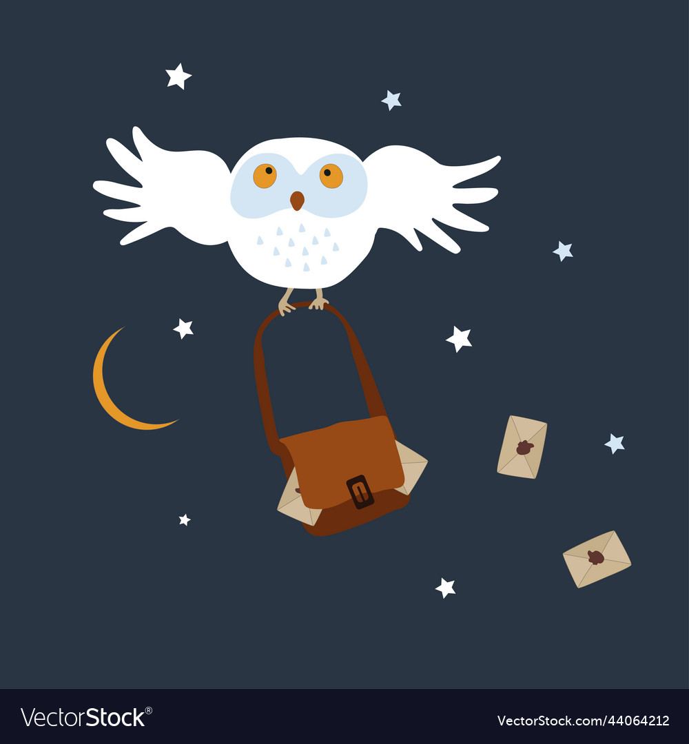 Silly funny white owl carries a bag with letters