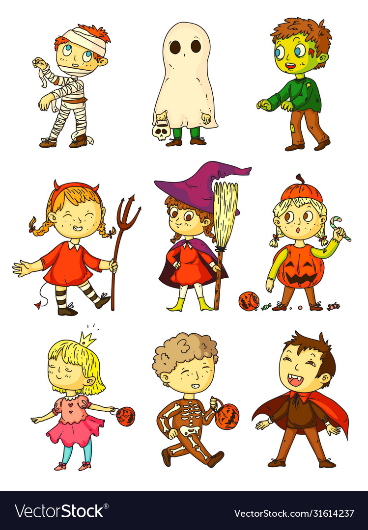 Halloween kids funny kids in creepy costumes set vector image Halloween kids funny kids in creepy costumes set