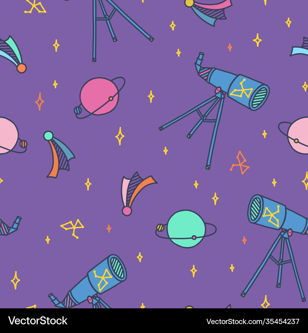 Space doodle with telescope planets moon stars Vector Image
