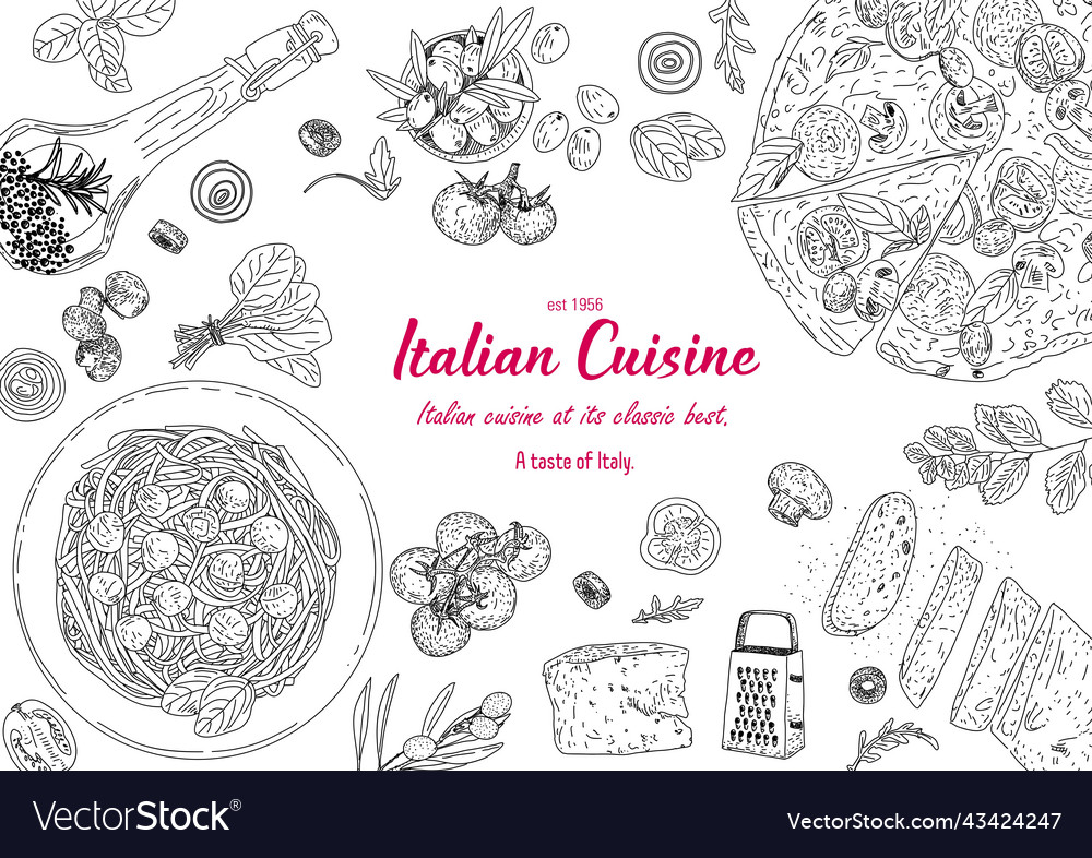 Italian cuisine top view frame engraved image