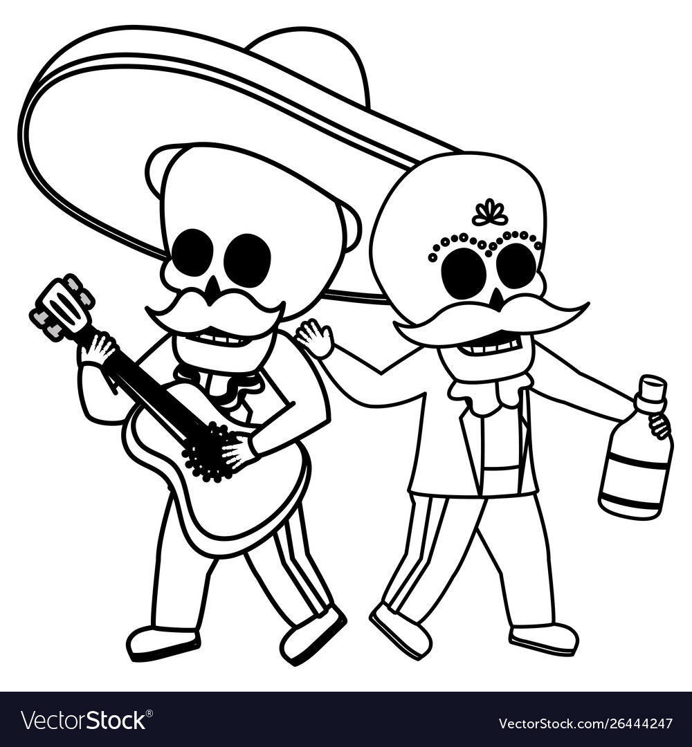 Skeletons musician with guitar and tequila viva