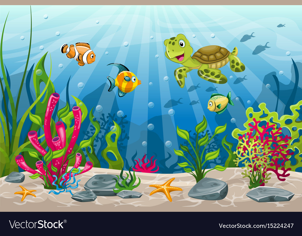 Underwater landscape with turtle and fish Vector Image