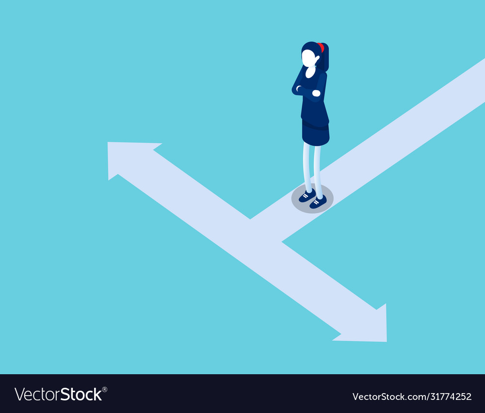 A woman is standing on road divided into two Vector Image