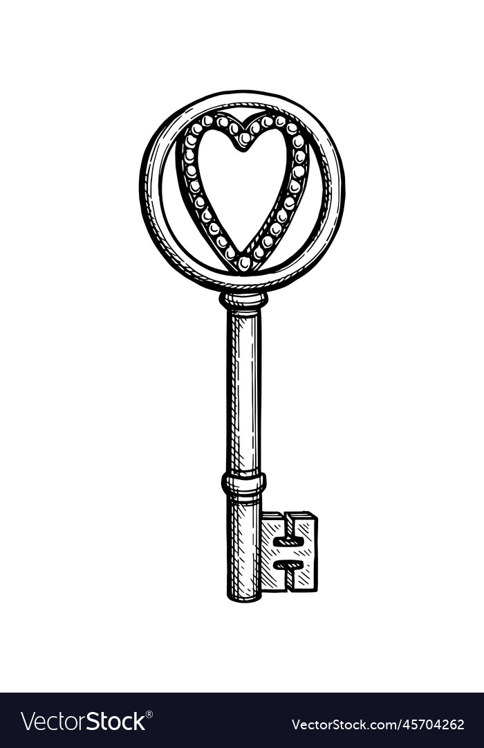 Heart shaped key ink sketch Royalty Free Vector Image