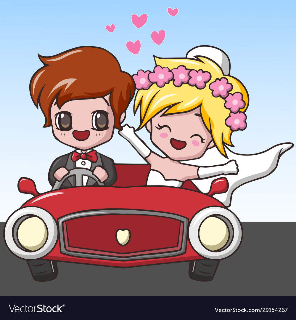 Cute happy wedding couples riding red car