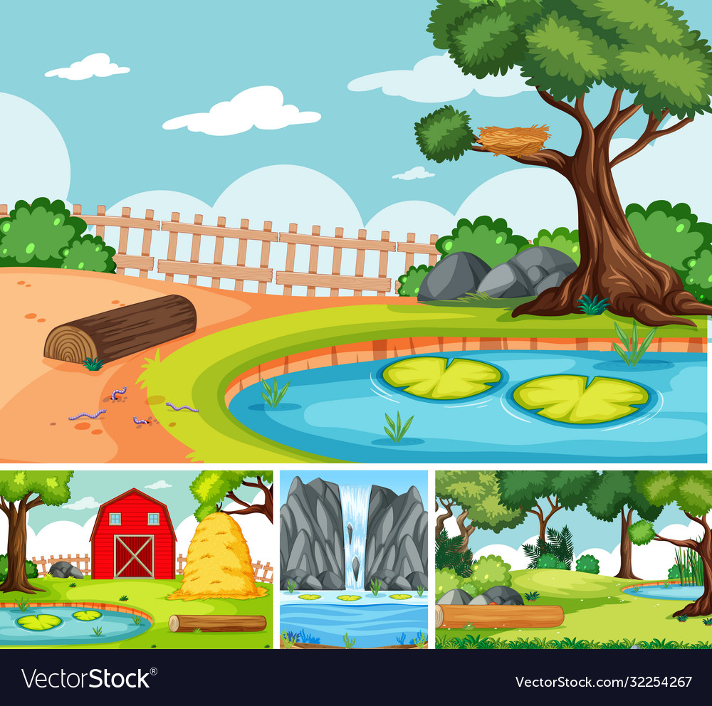 Four different scenes in nature setting cartoon