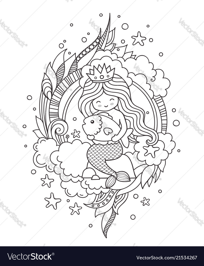 Little queen mermaid sitting on a stone hugging Vector Image