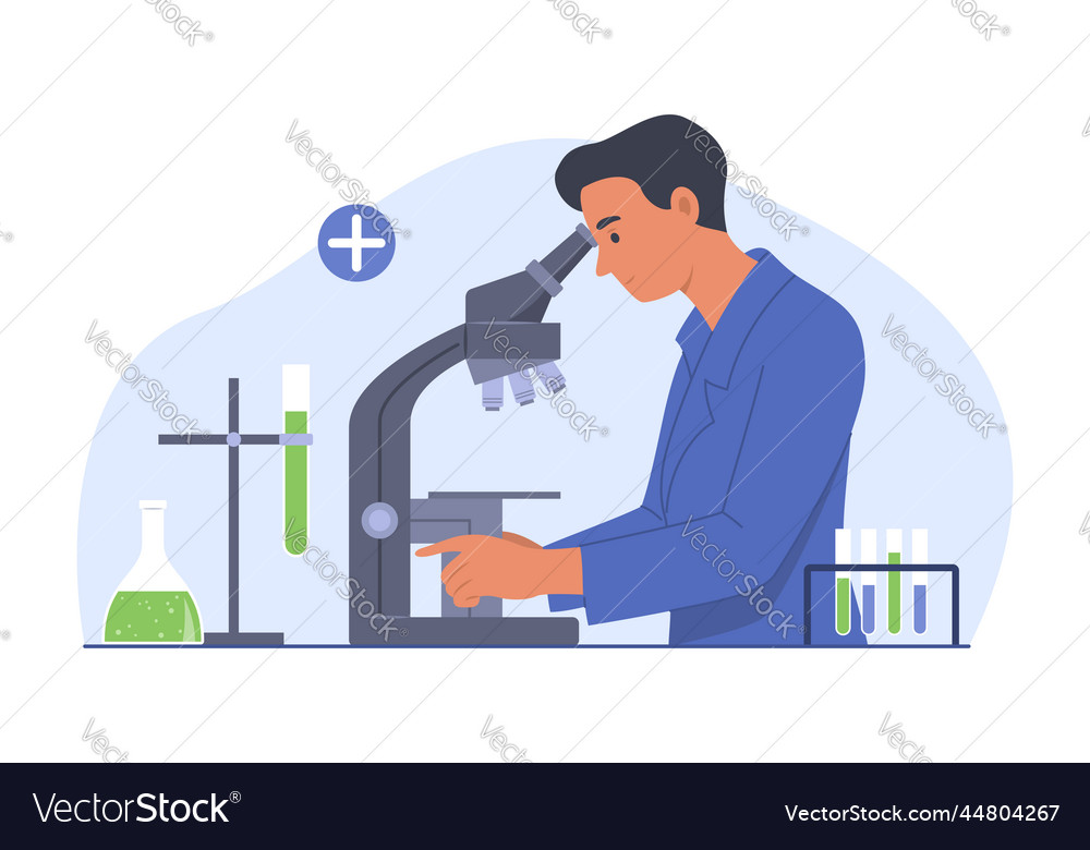 Male scientist using microscope in laboratory Vector Image