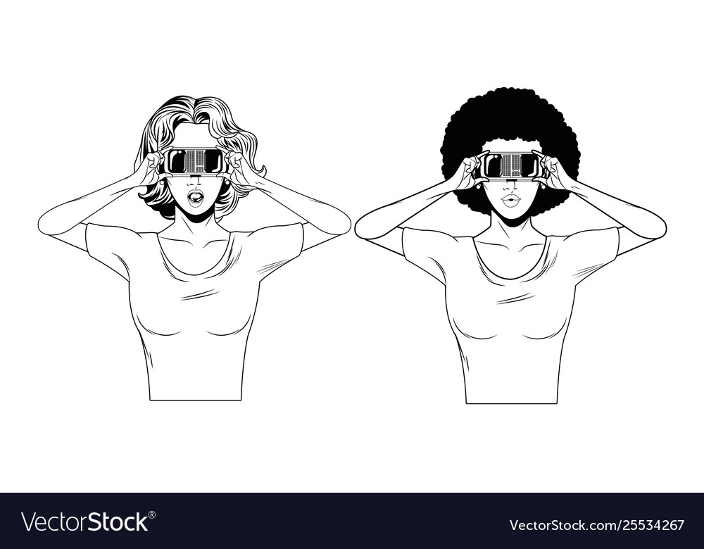 Women with virtual reality headset black and white