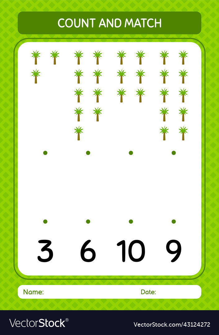 Count and match game with palm tree worksheet