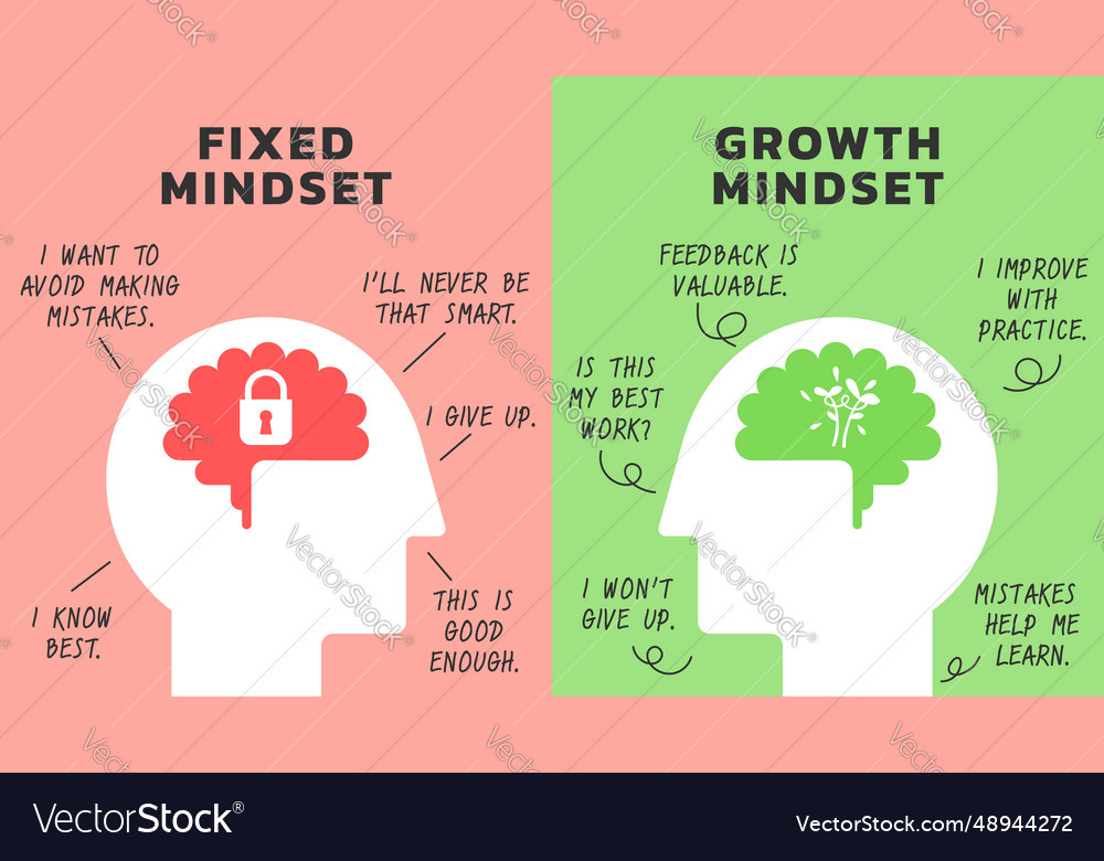 Difference between a fixed vs growth mindset Vector Image