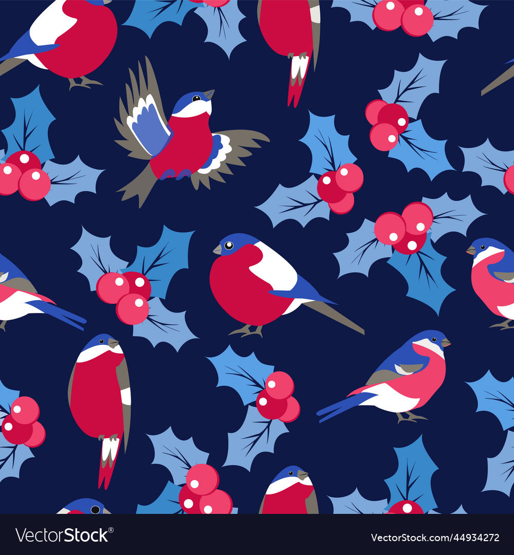 Seamless pattern with bullfinch and holly berry