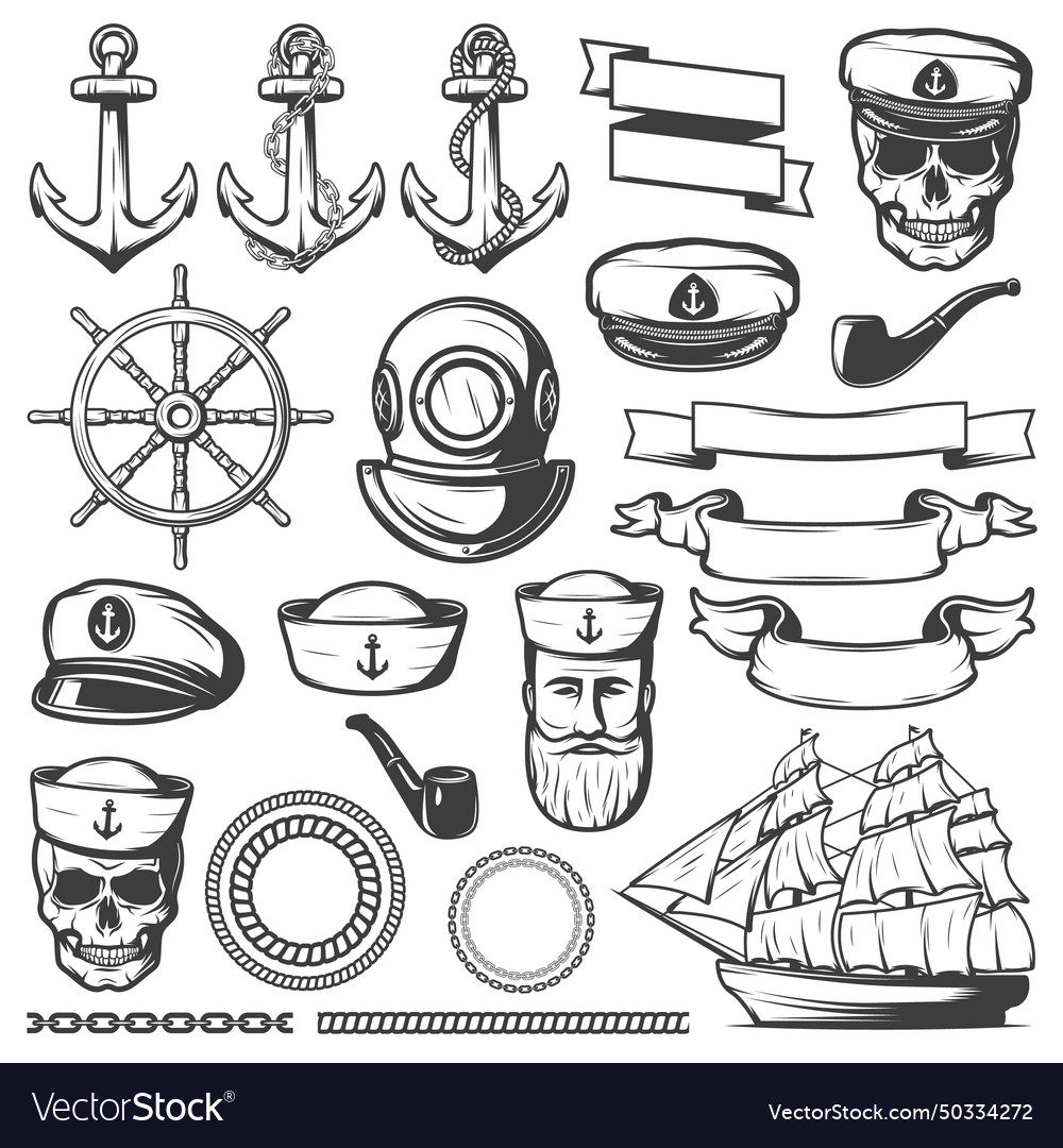 Vintage sailor naval icon set Royalty Free Vector Image