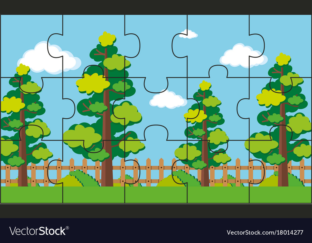 Jigsaw puzzle game with kids walking in park Vector Image