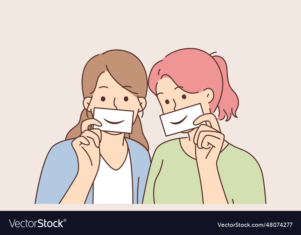 Two women with fake smiles hold papers drawn