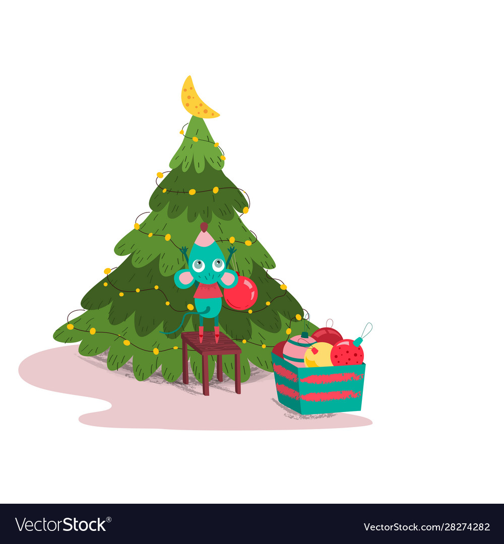 Cute mouse decorating fir-tree colorful balls