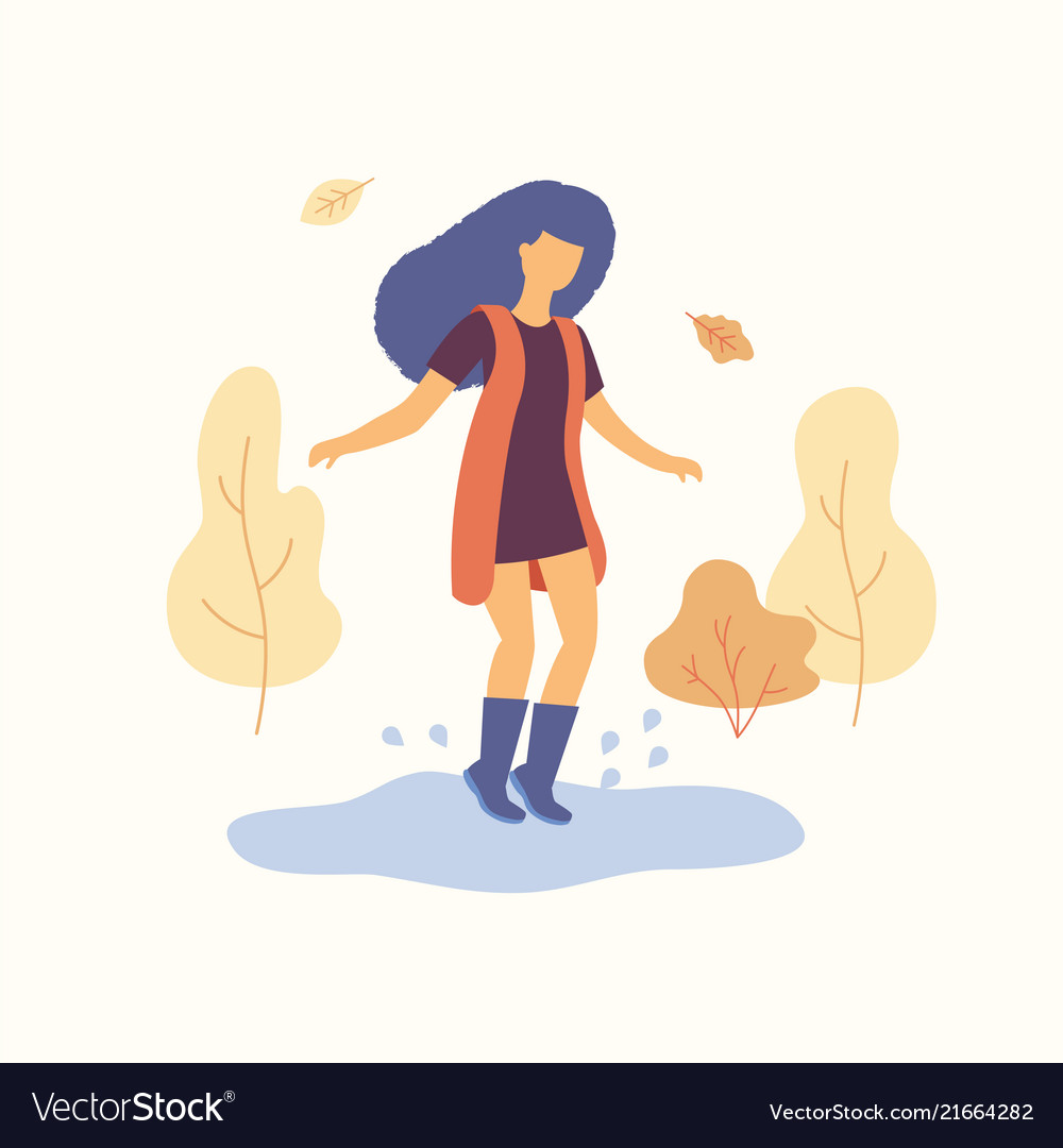 Girl Is Jumping On The Puddle Autumn Concept Vector Image