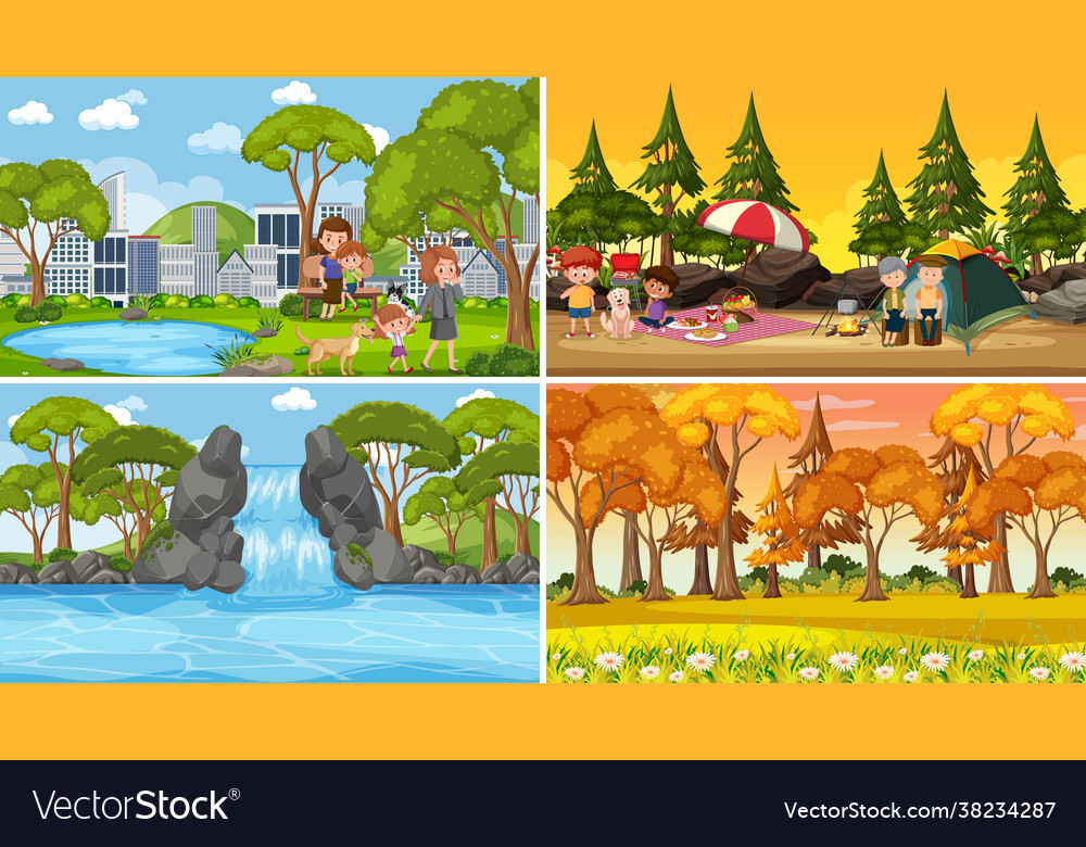 Set different nature scenes cartoon style