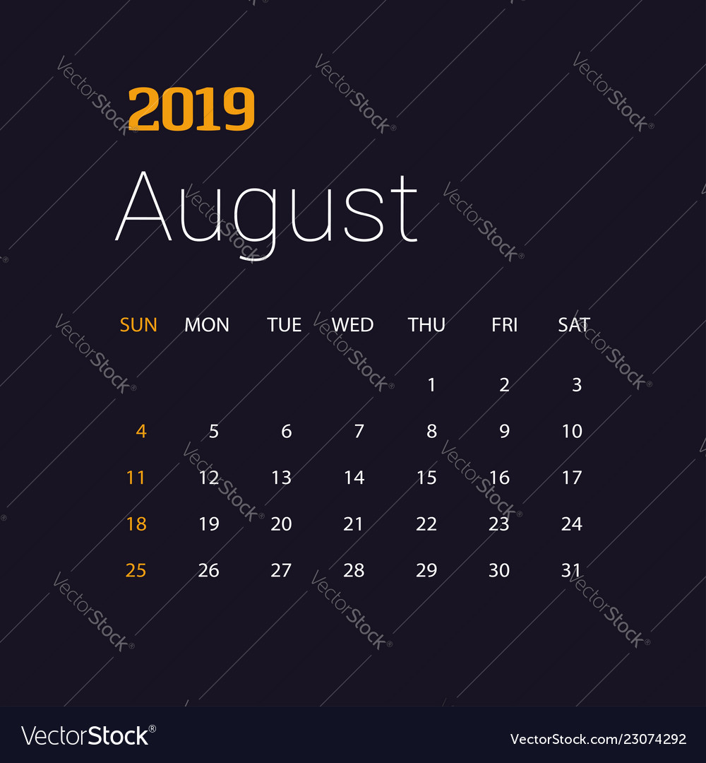 2019 Frohes neues Jahr August Kalender Vorlage