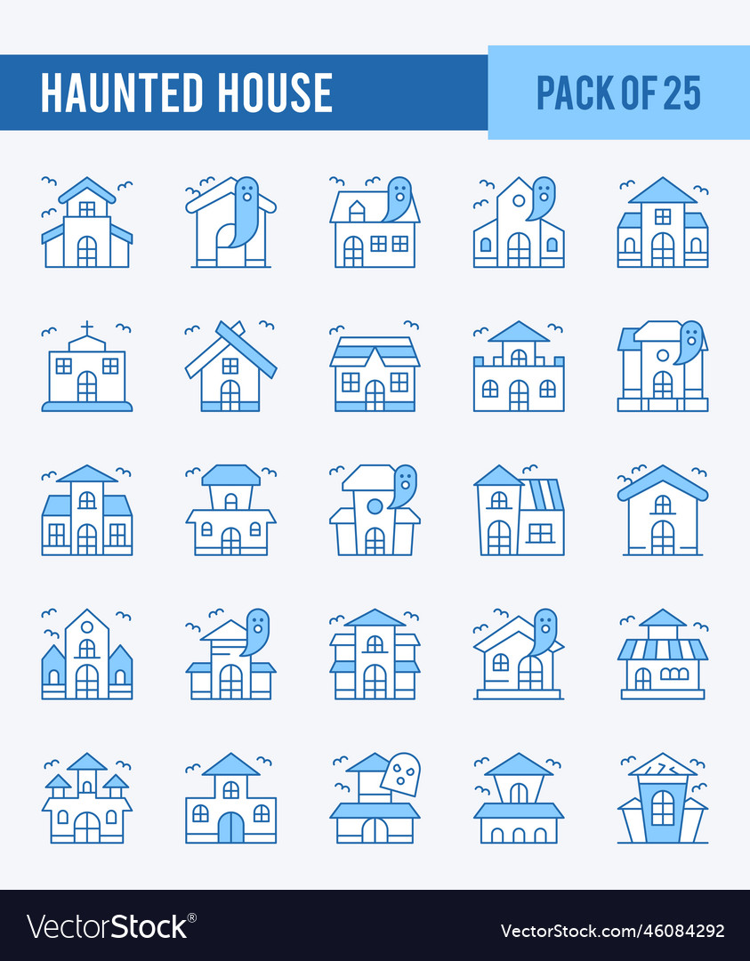 25 haunted house two color icons pack