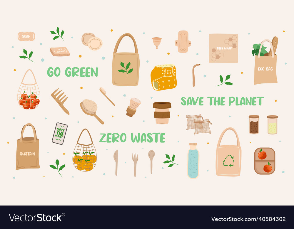 Collection of zero waste items Royalty Free Vector Image