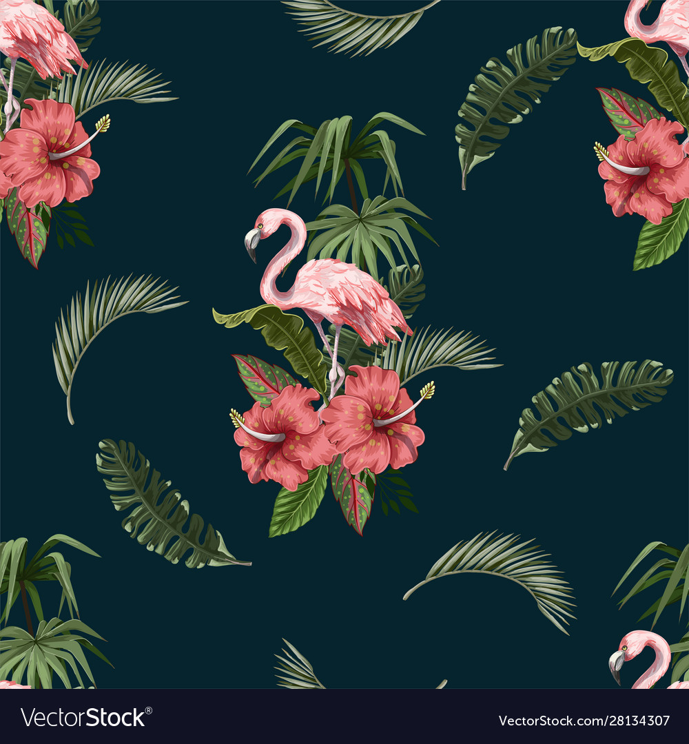 Seamless pattern with flamingo and tropical leaves vector image Seamless pattern with flamingo and tropical leaves