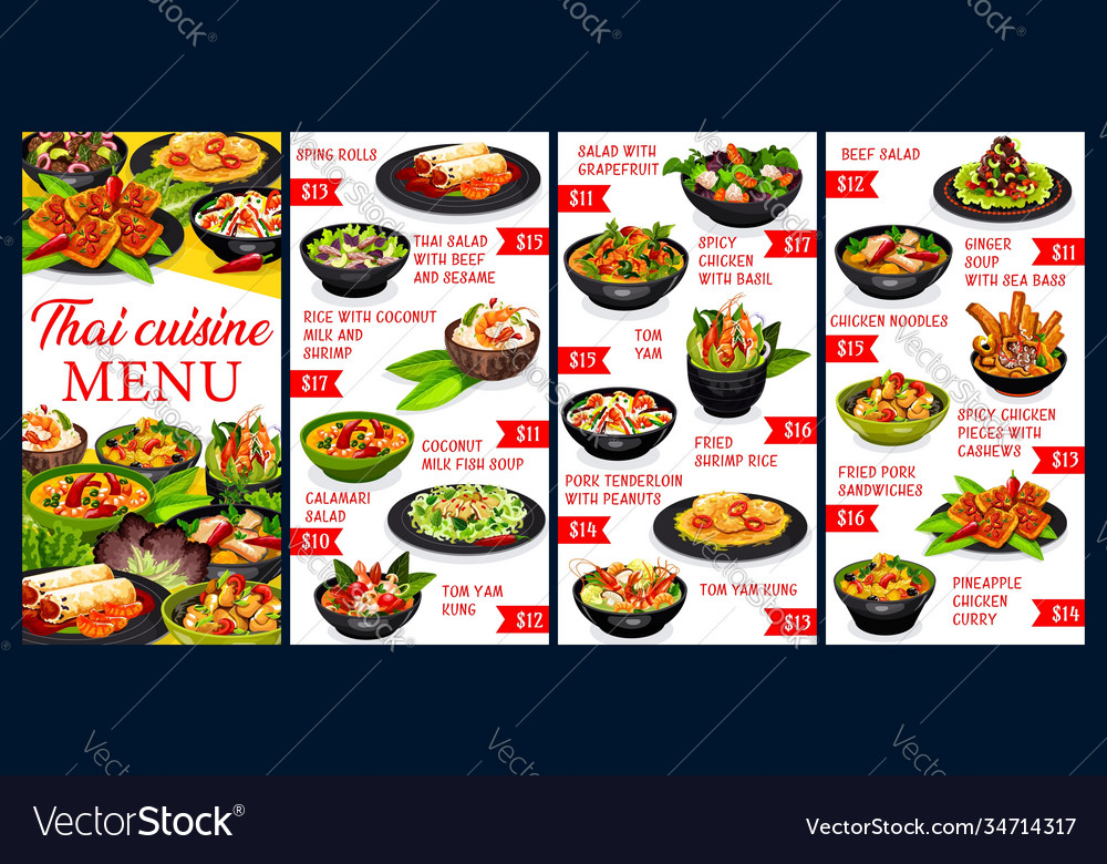 Thai cuisine menu meals Royalty Free Vector Image