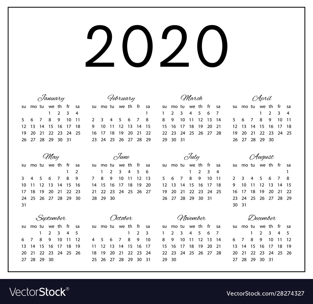 2020 simple black and white calendar