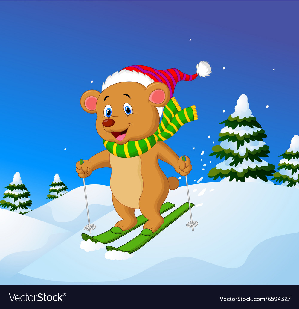 Cartoon bear skiing down a mountain slope