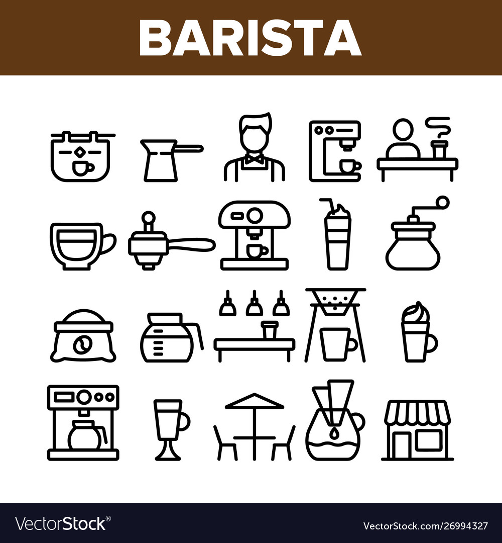 Collection barista equipment sign icons set