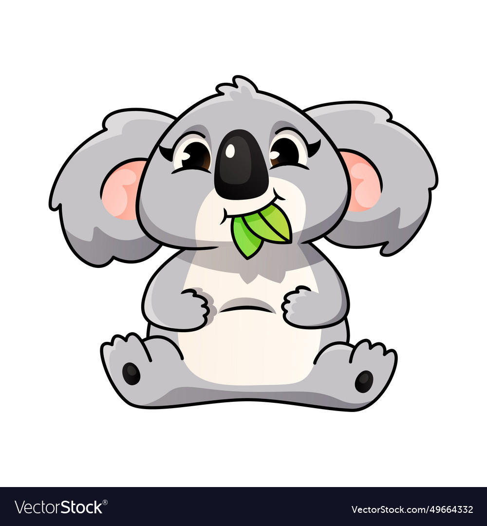 Cute cartoon koala sits and chews eucalyptus