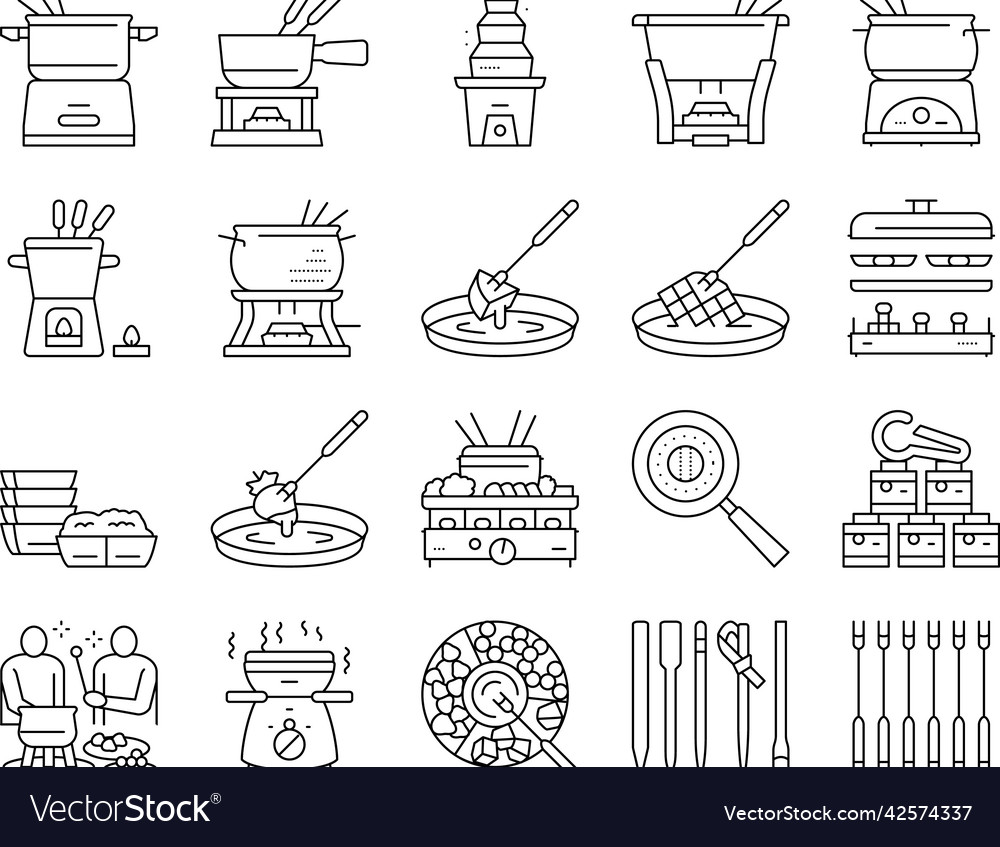 Fondue cooking delicious meal icons set Royalty Free Vector