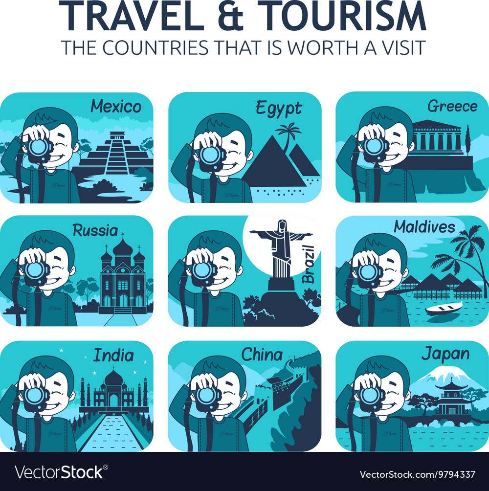 Set of flat travel icons with different countries