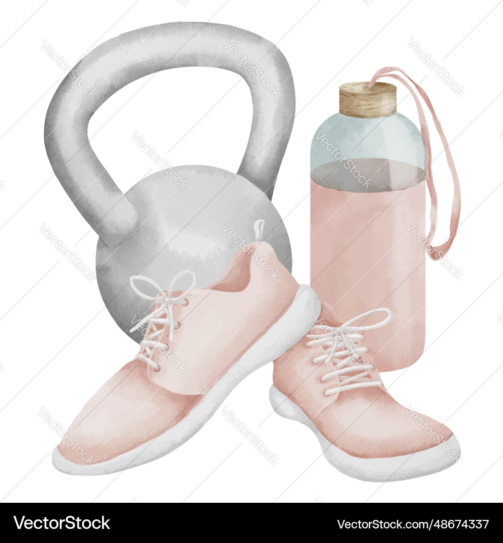 Sneakers with water bottle and kettlebell Vector Image