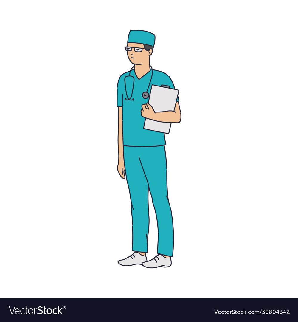 Doctor therapist or surgeon in blue uniform sketch