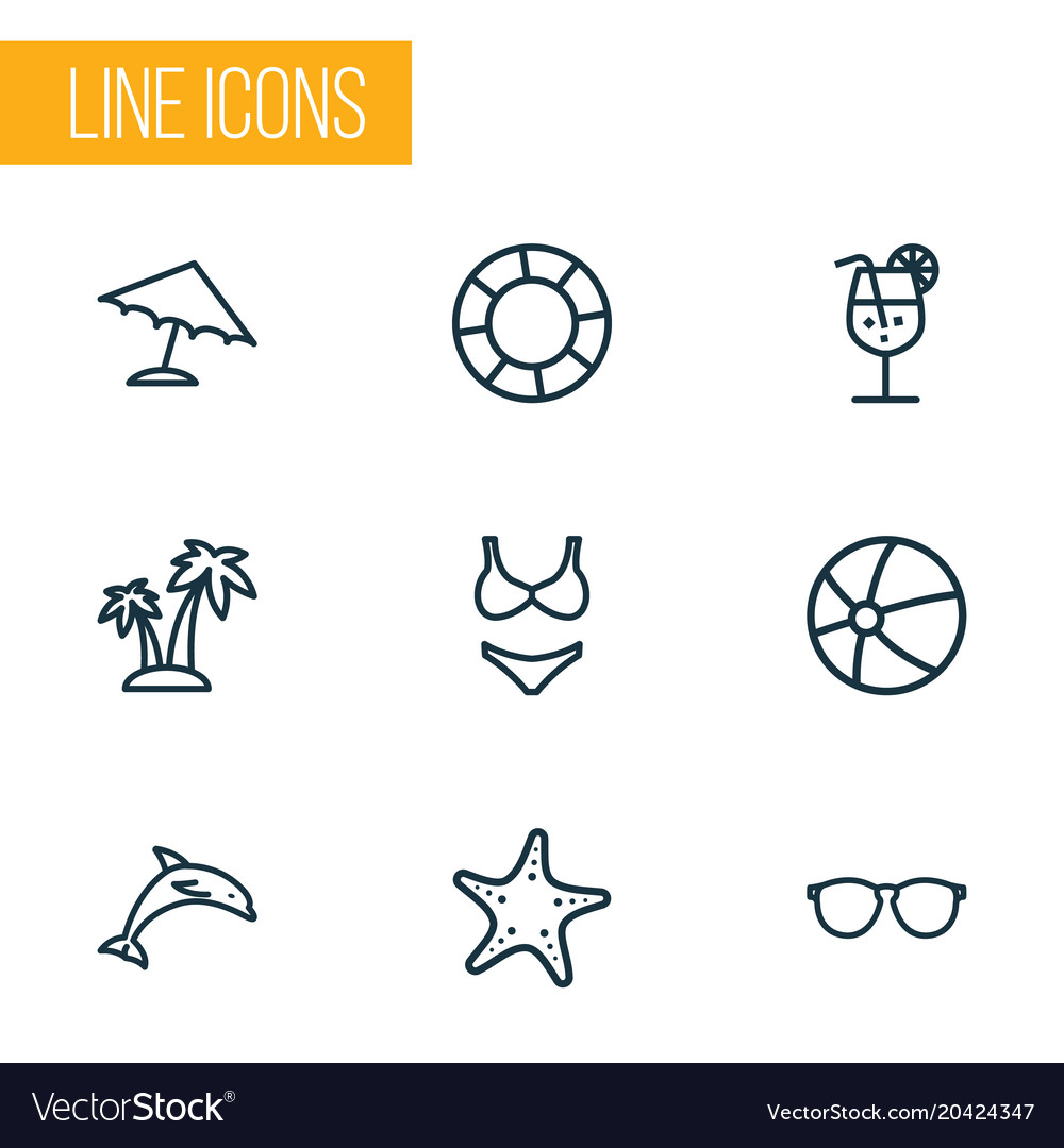 Sun icons line style set with dolphin drink Vector Image