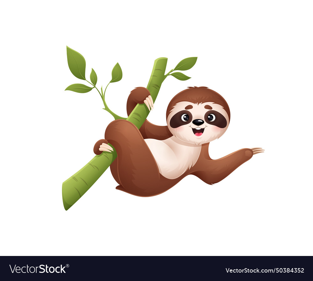 Cartoon cute sloth character hang from tree branch