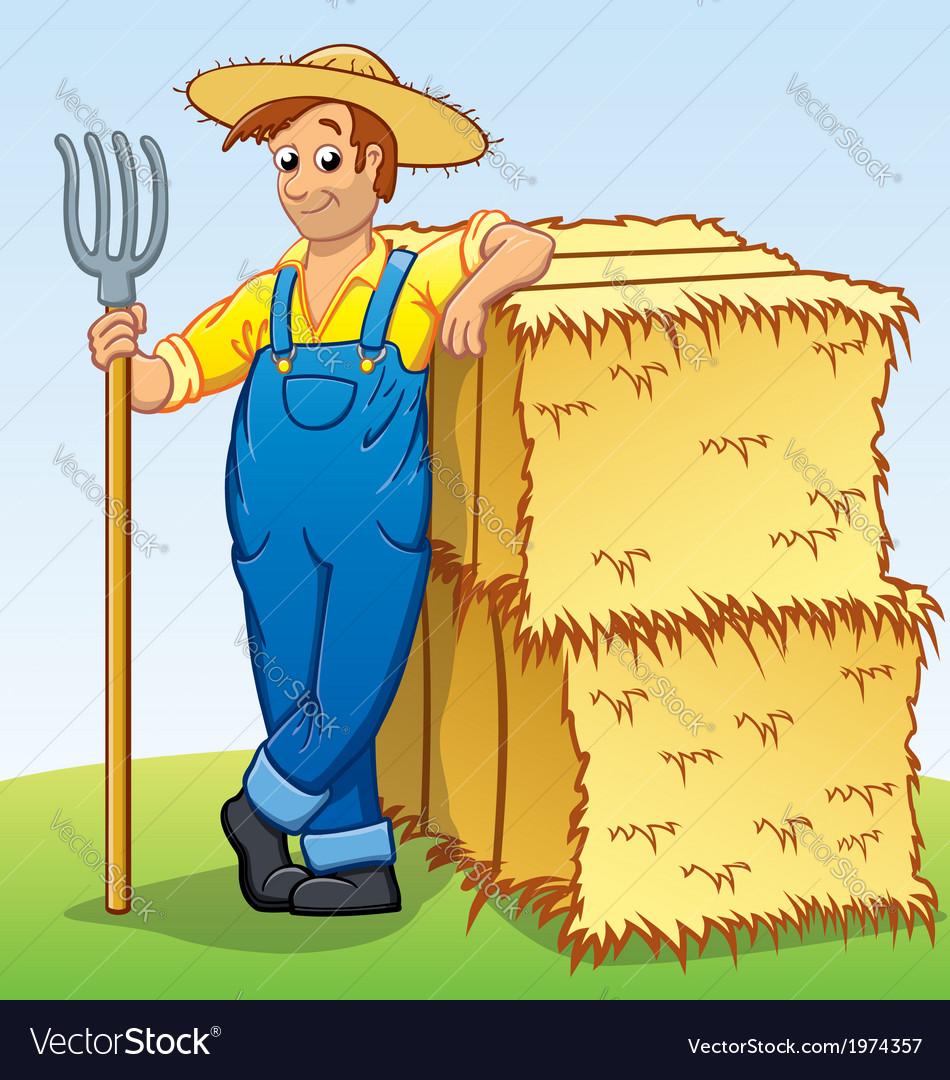 Cartoon farmer with pitchfork and hay bales Vector Image