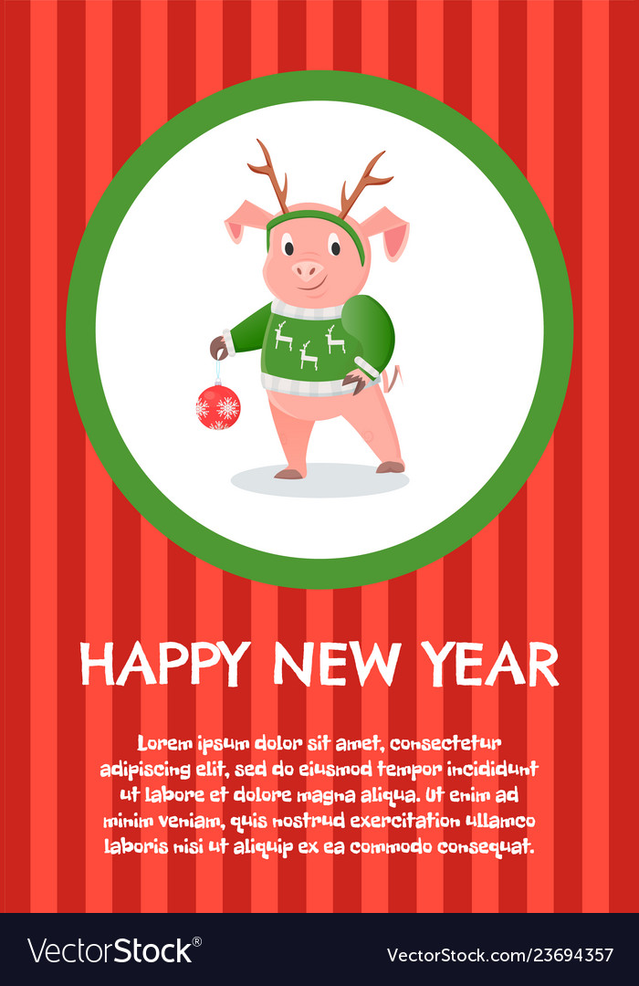 Happy new year postcard pig on red striped poster